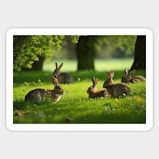 Meadow with rabbits landscape Sticker